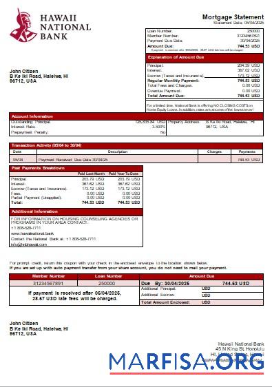 Downloadable Hawaii Hawaii National Bank bank mortgage statement scr real example